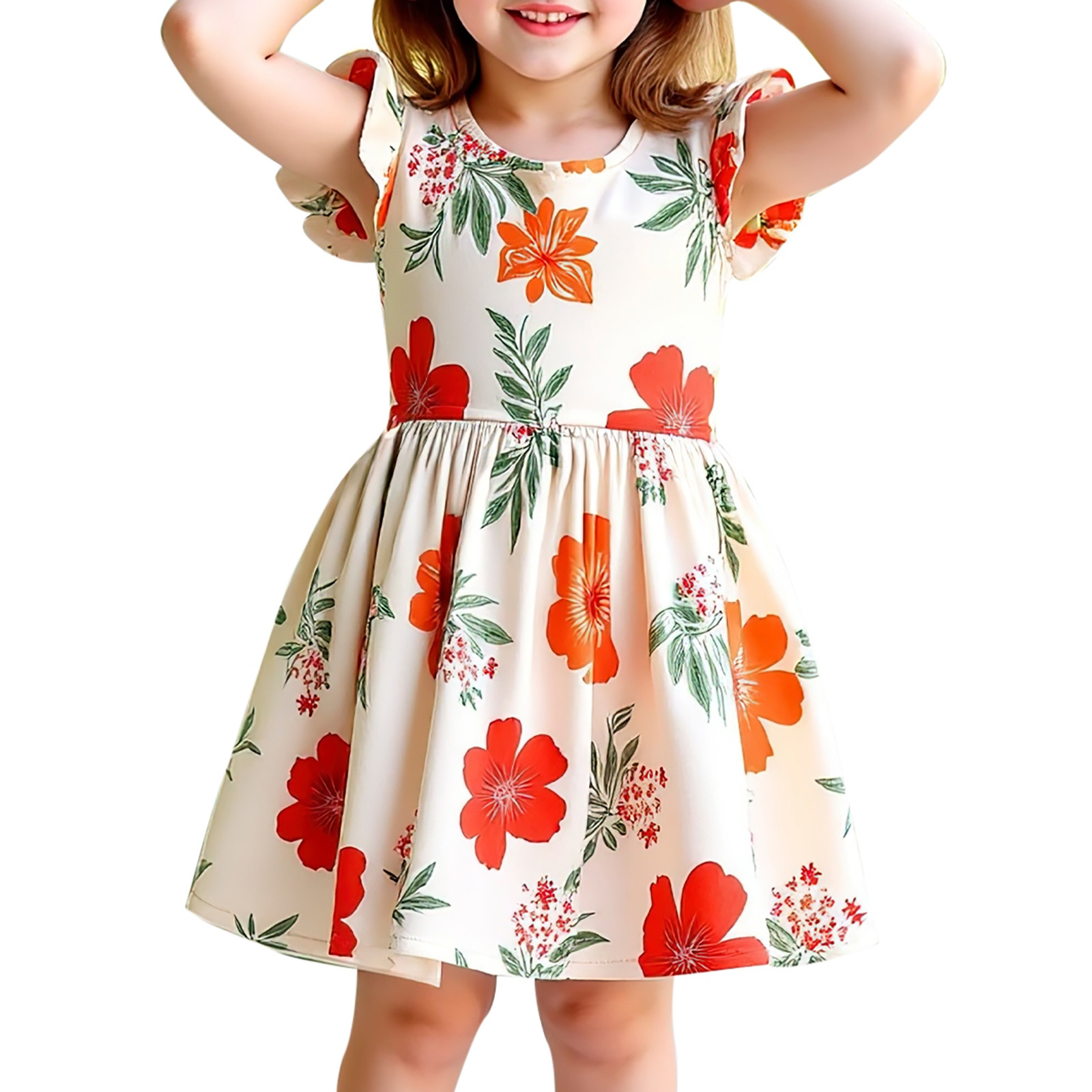 Spring Dresses for Girls Sleeveless Floral Sundress Toddler Easter Birthday Ruffle Beach Vacation Dress Summer Dress #Orange 4-5 Years